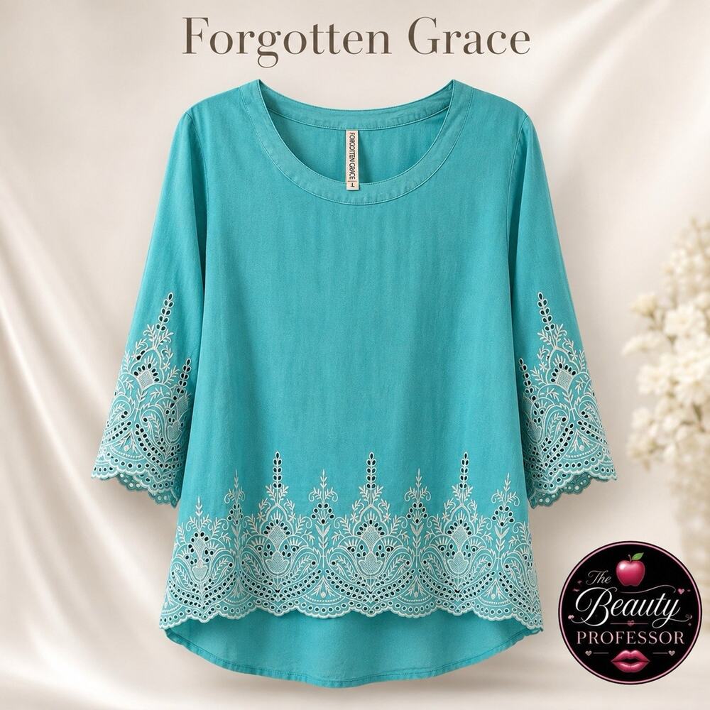 💞 Forgetting Grace Turquoise Embroidered Tunic Top L 100% Cotton Boho Eyelet